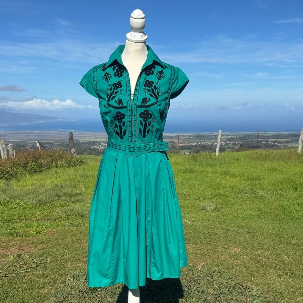 eShakti Retro Twee Teal Black Folk Embroidered Short Sleeve fit Flair Dress S